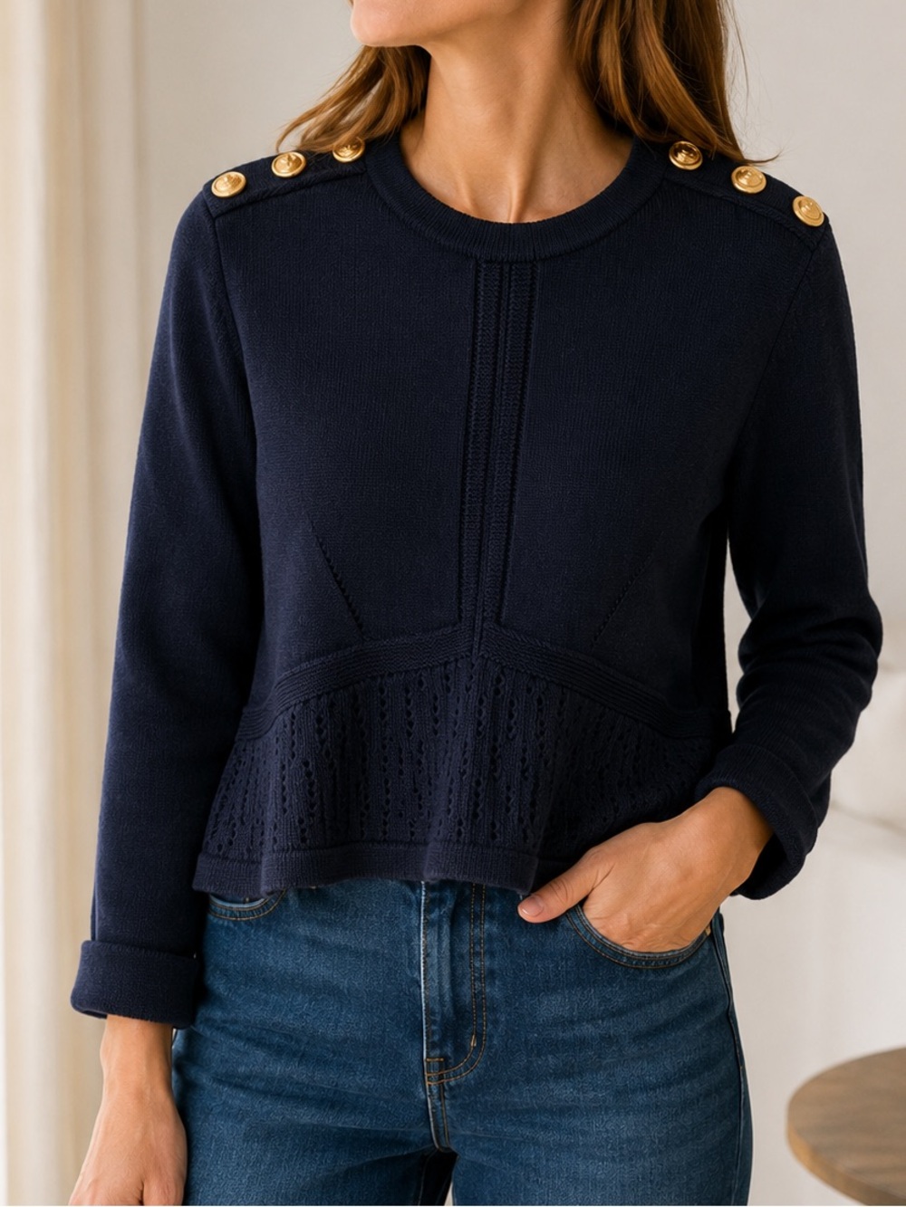 CHANEL Navy Knit Sweater with Signature CC Gold Button Shoulders – Size 40
